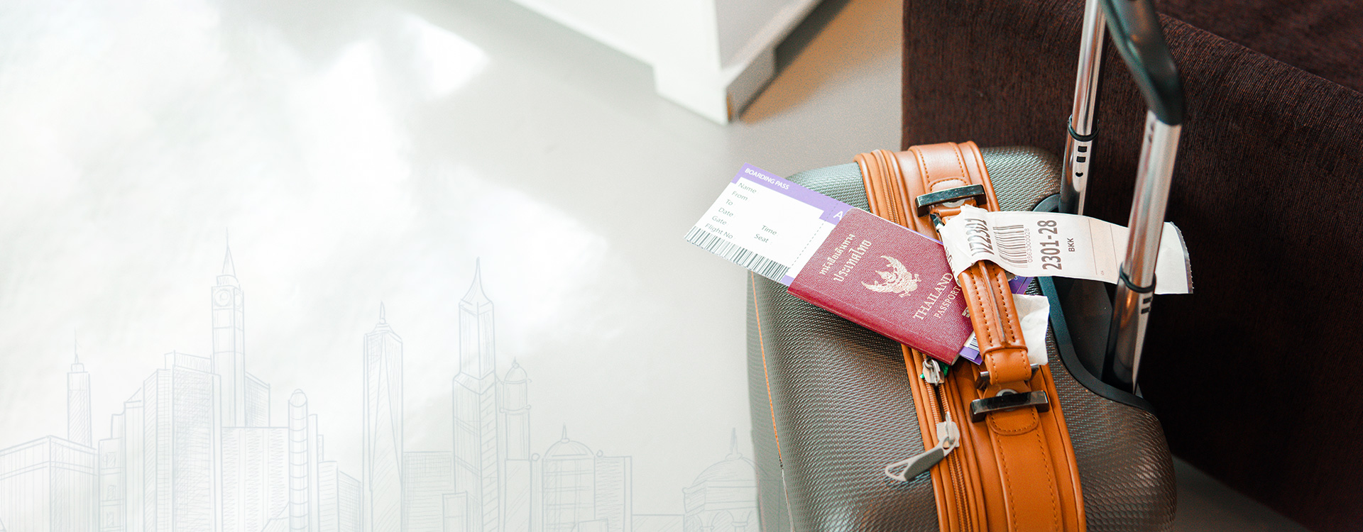 Luggage suitcase with international passport and boarding ticket